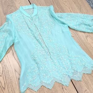 Elegant Sheer Embroidered Women's Top - Aqua